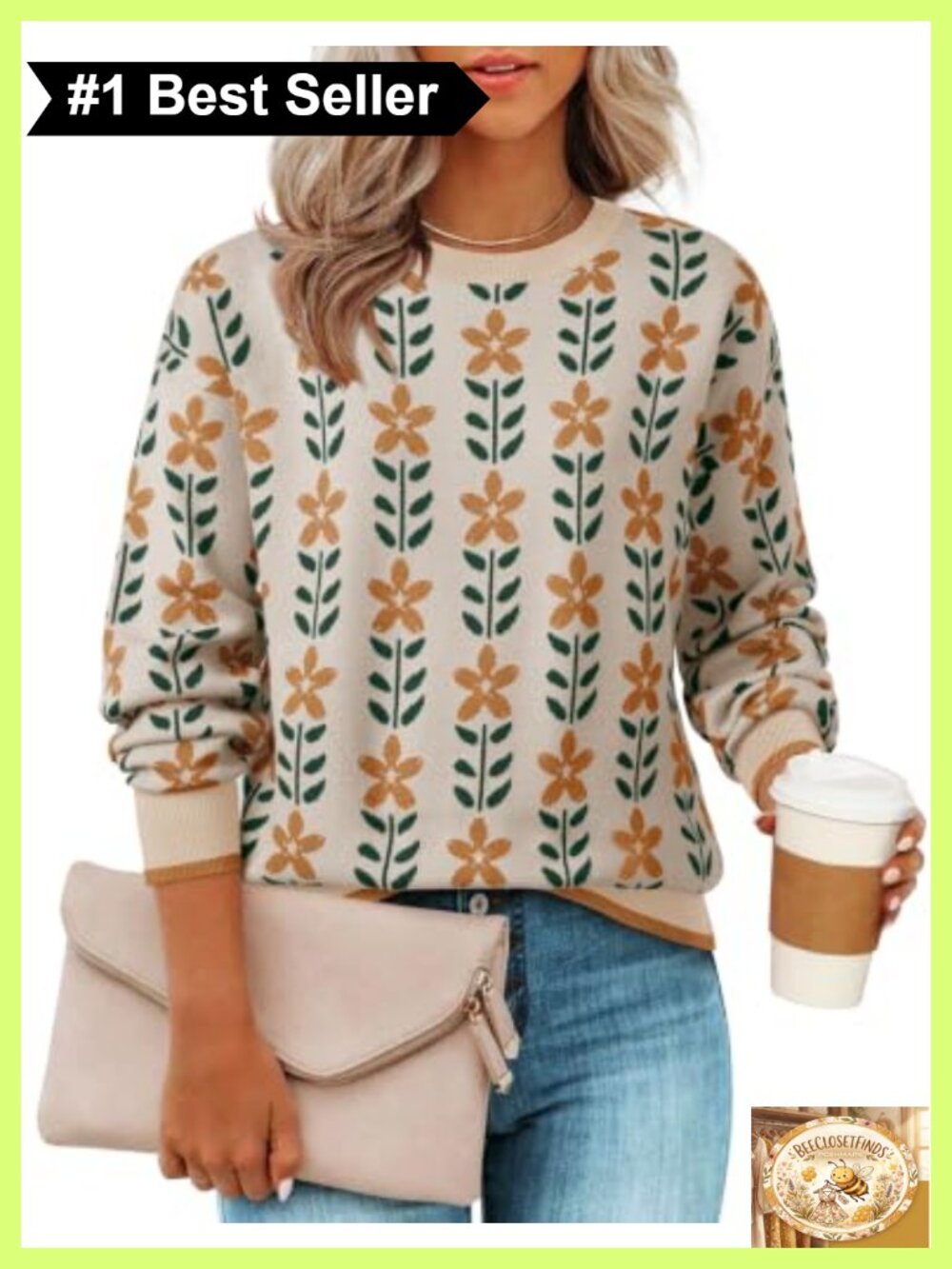 ZESICA Women's Long Sleeve Crewneck Floral Print Knitted Pullover Sweater Loose